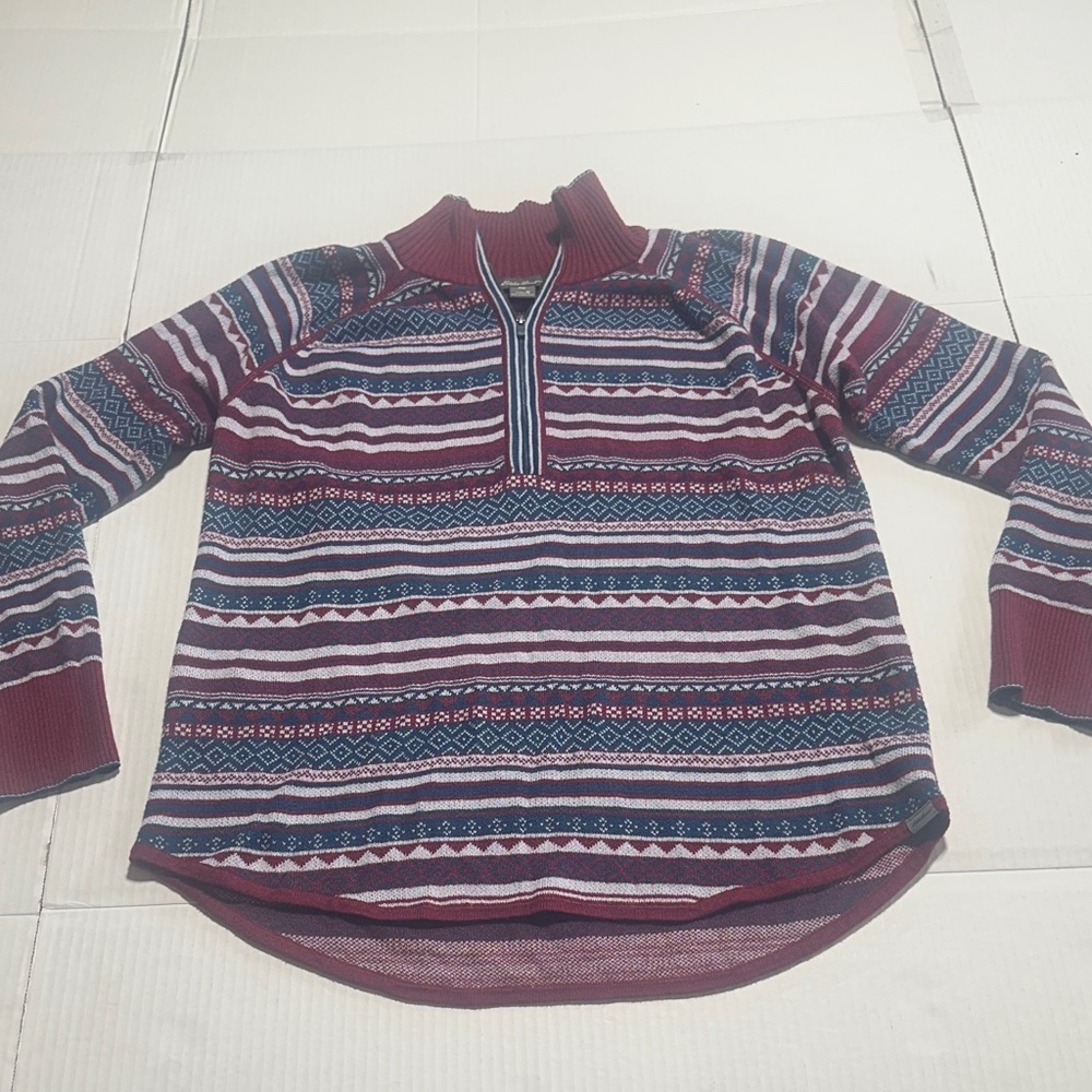 Eddie Bauer Striped quarter Half-Zip Fair Isle Sweater matron white blue design